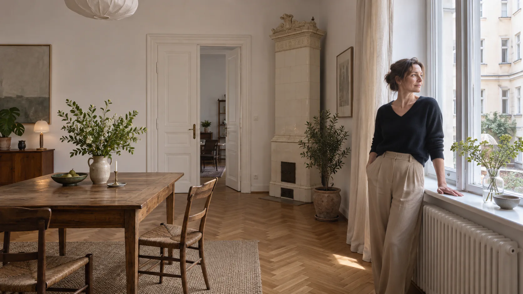 Frau in einer hellen Wiener Altbauwohnung mit Blick in den Innenhof